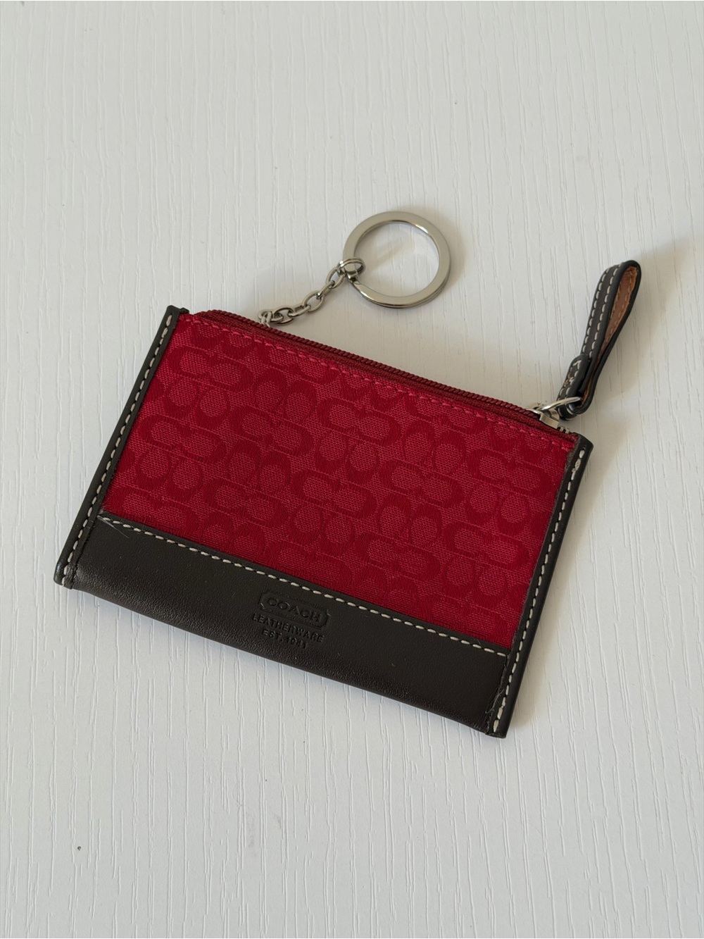 Coach Red and Brown Signature Zip Card Case